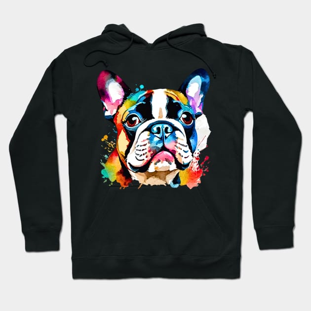 Cute Multicolored Frenchie Watercolor Portrait Hoodie by Doodle and Things